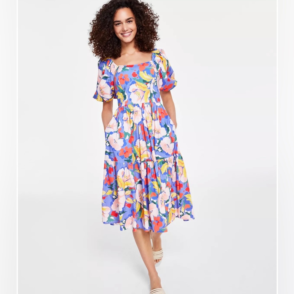 VINCE CAMUTO Women's Cotton Puff-Sleeve Tiered Midi Dress